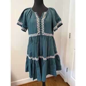 Madewell Embroidered Linen Blend Flutter sleeve Mini Dress in Emerald Green
